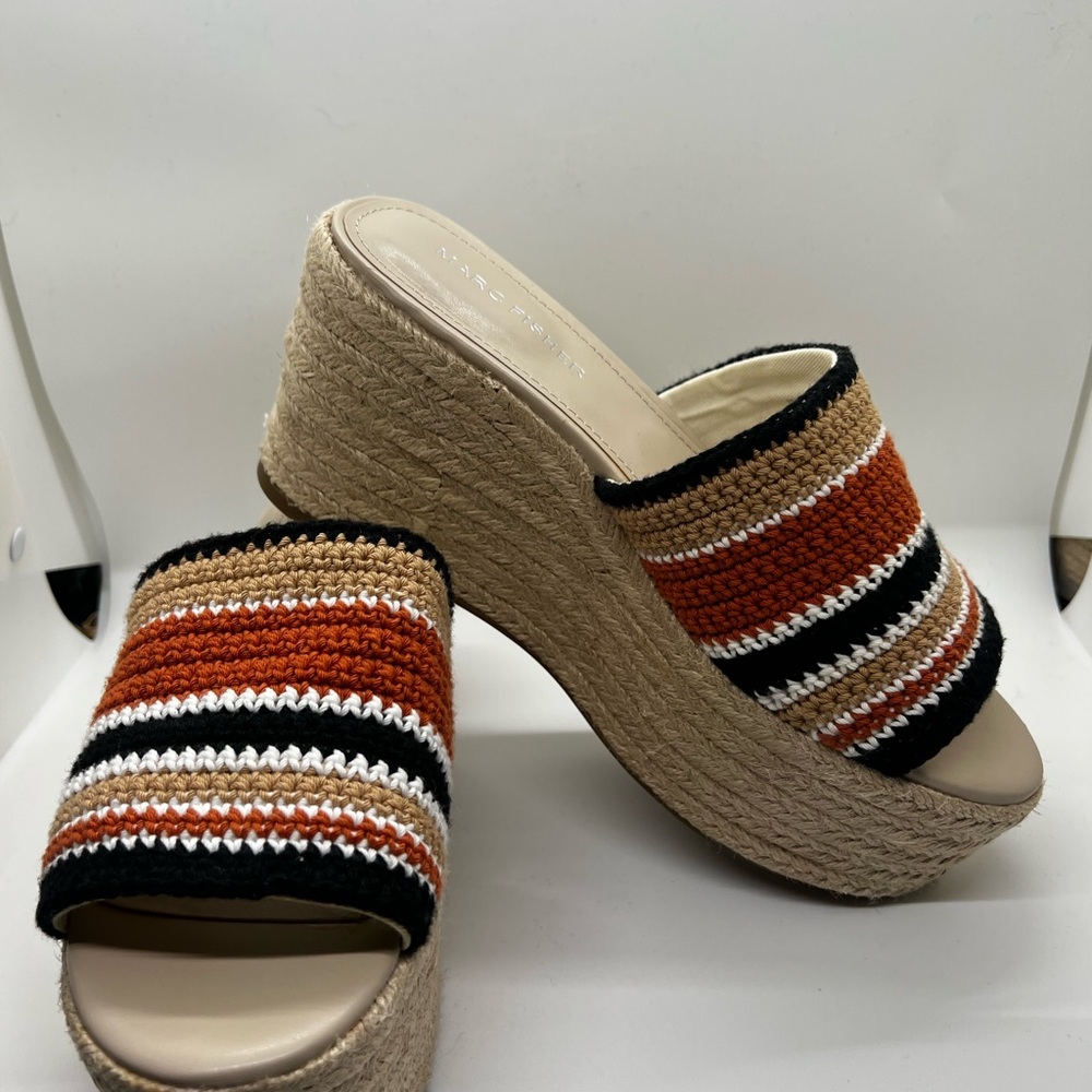 Marc Fisher Striped Crochet Platform Wedge - Rust, Black & Cream - Size 7.5